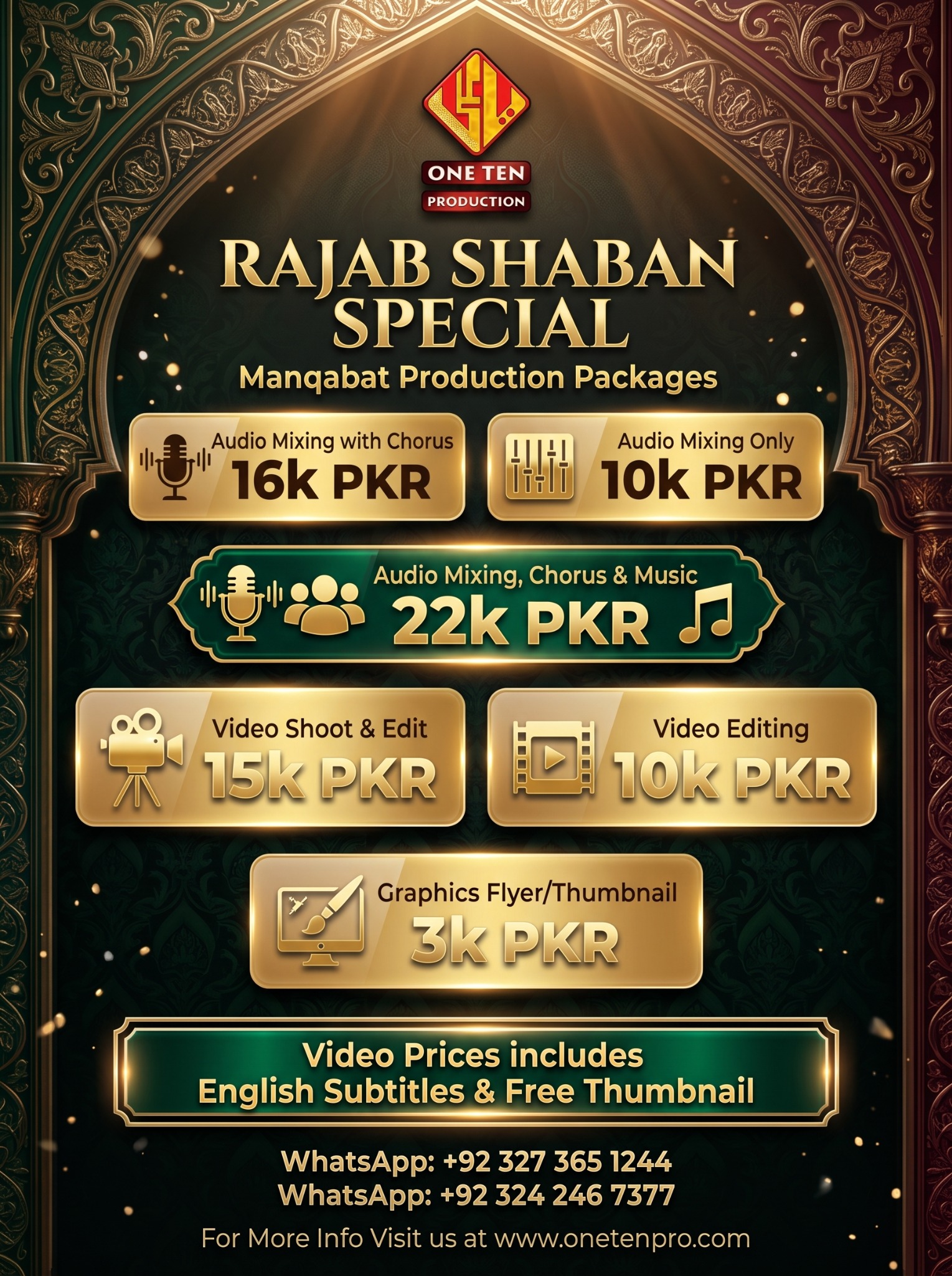 Rajab Shaban 2026 special Manqabat production packages from One Ten Production