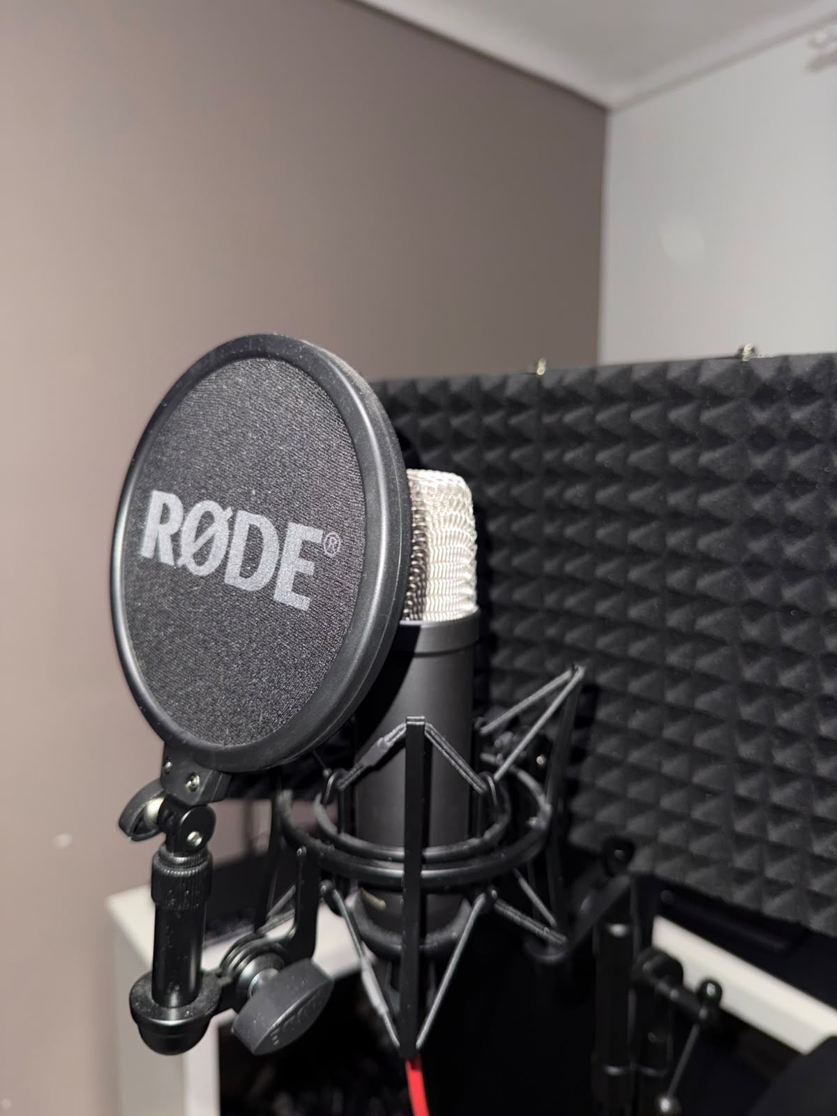 Rode studio microphone with pop filter and acoustic screen