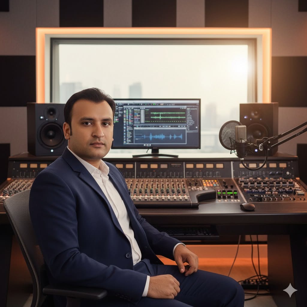 ANS Studio control room with mixing desk, monitor and microphone